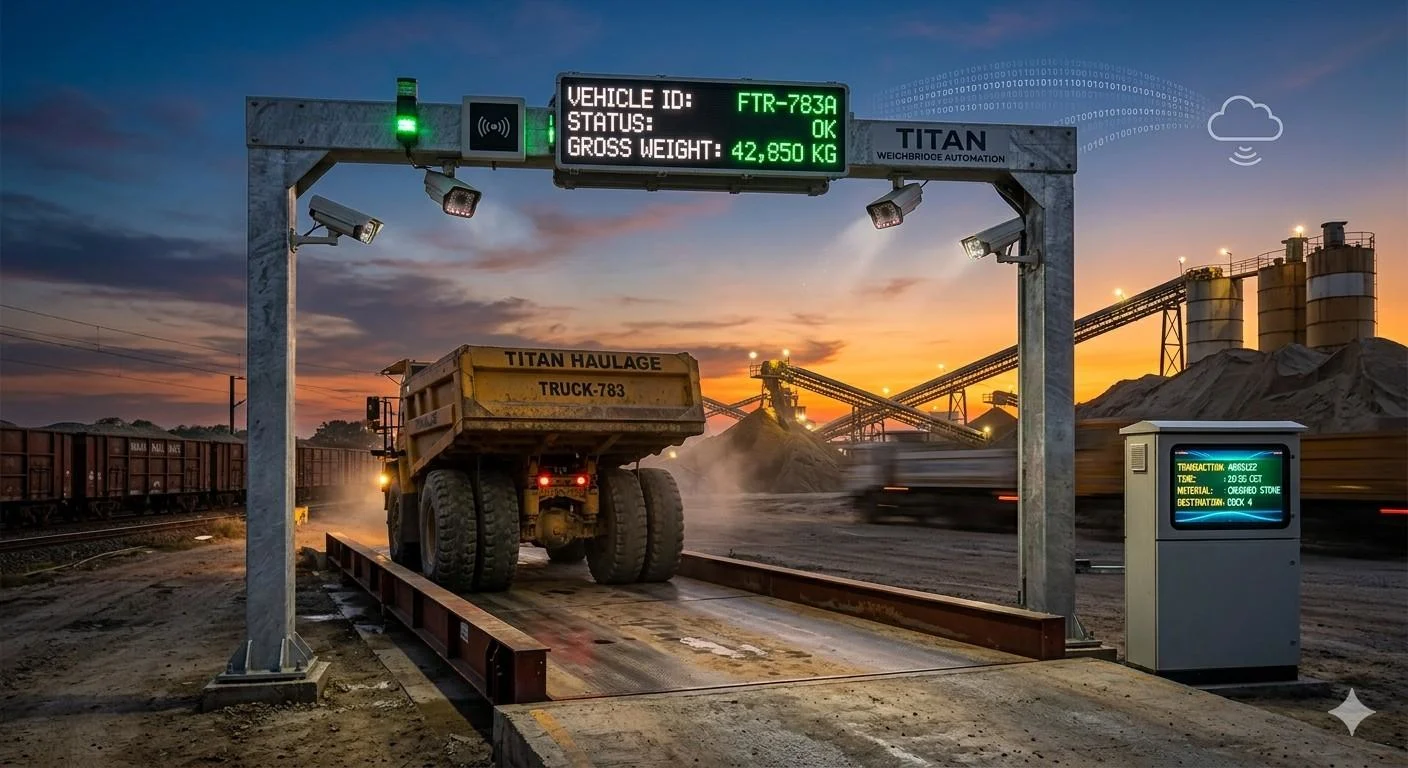 A semi-truck on an automated weighbridge at sunset, with automated weight and ID data displayed on an outdoor kiosk.