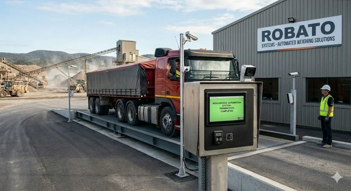 A semi-truck on an automated weighbridge at sunset, with automated weight and ID data displayed on an outdoor kiosk.