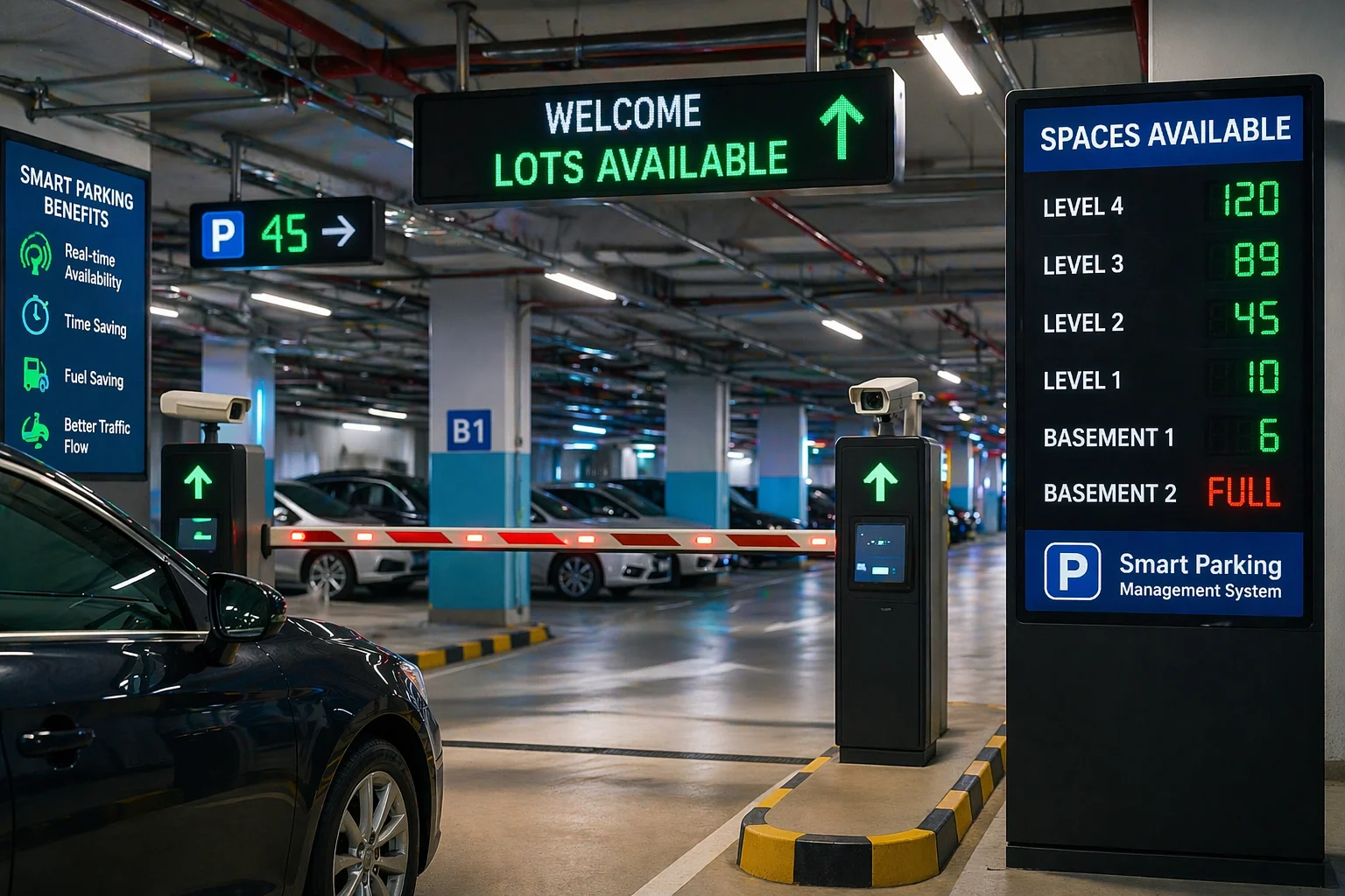 Smart parking management system showing real-time space availability, digital signage, and automated entry barrier in modern parking facility