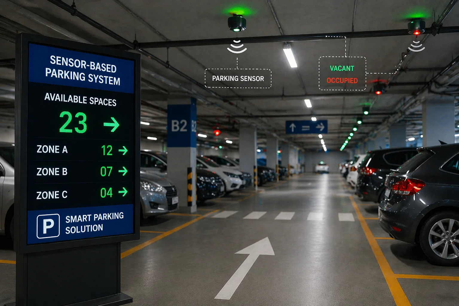 Sensor-based parking system with real-time space availability display, smart indicators, and vehicles parked in modern automated parking facility