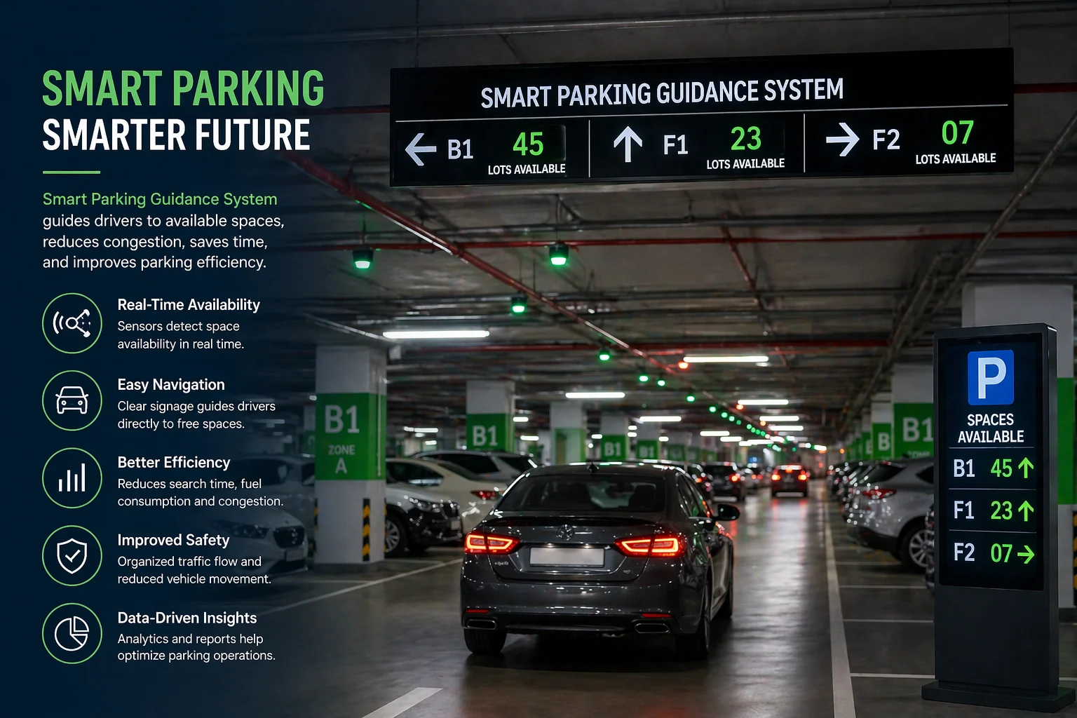 Smart parking guidance system with LED indicators directing vehicles to available spaces in a modern multi-level parking facility
