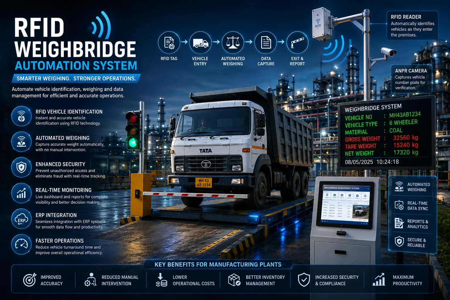 RFID Weighbridge Automation System installed at a manufacturing plant for automated truck weighing and vehicle identification