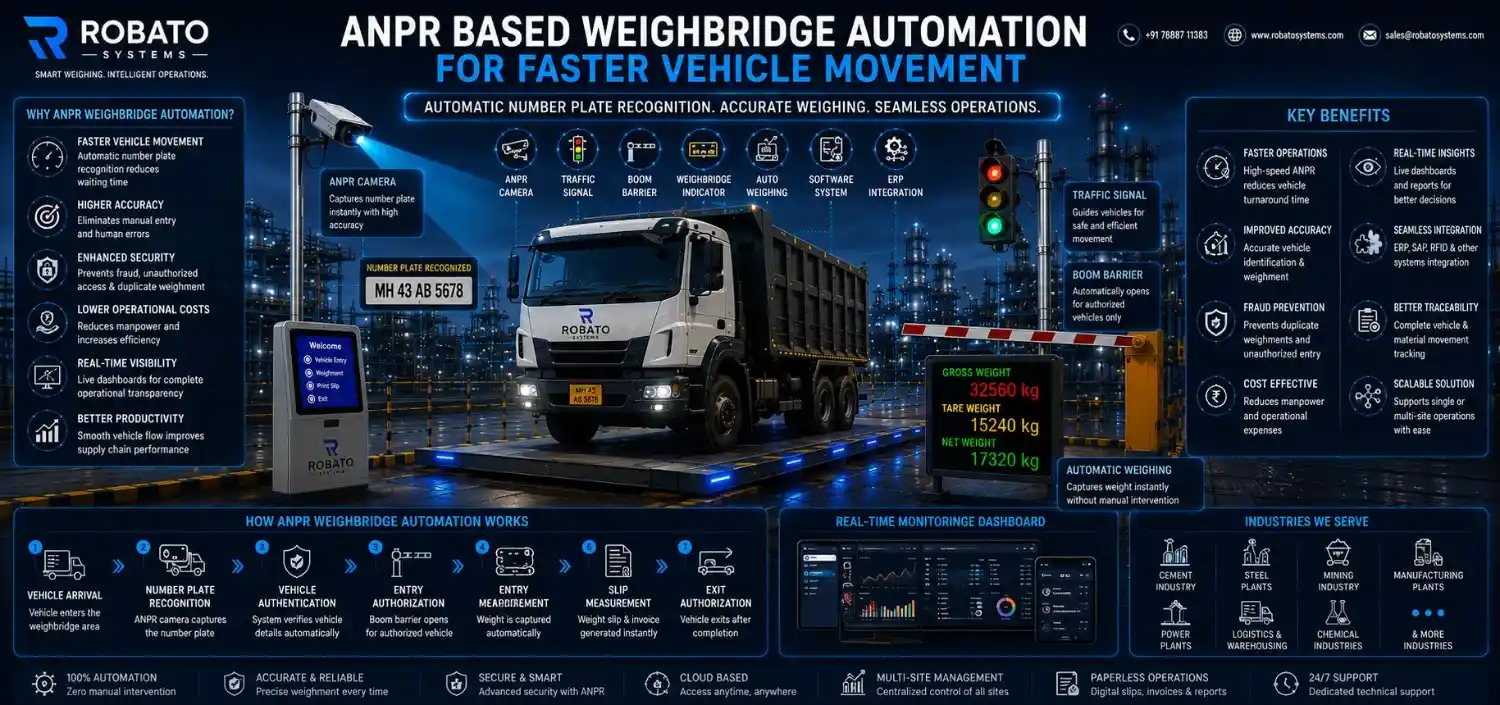 ANPR-based weighbridge automation system with camera recognition, boom barriers, and automated vehicle movement in an industrial facility.