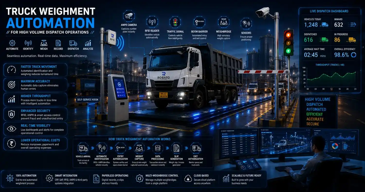 Automated truck weighment system with RFID readers, boom barriers, and weighbridge software managing high-volume dispatch operations.