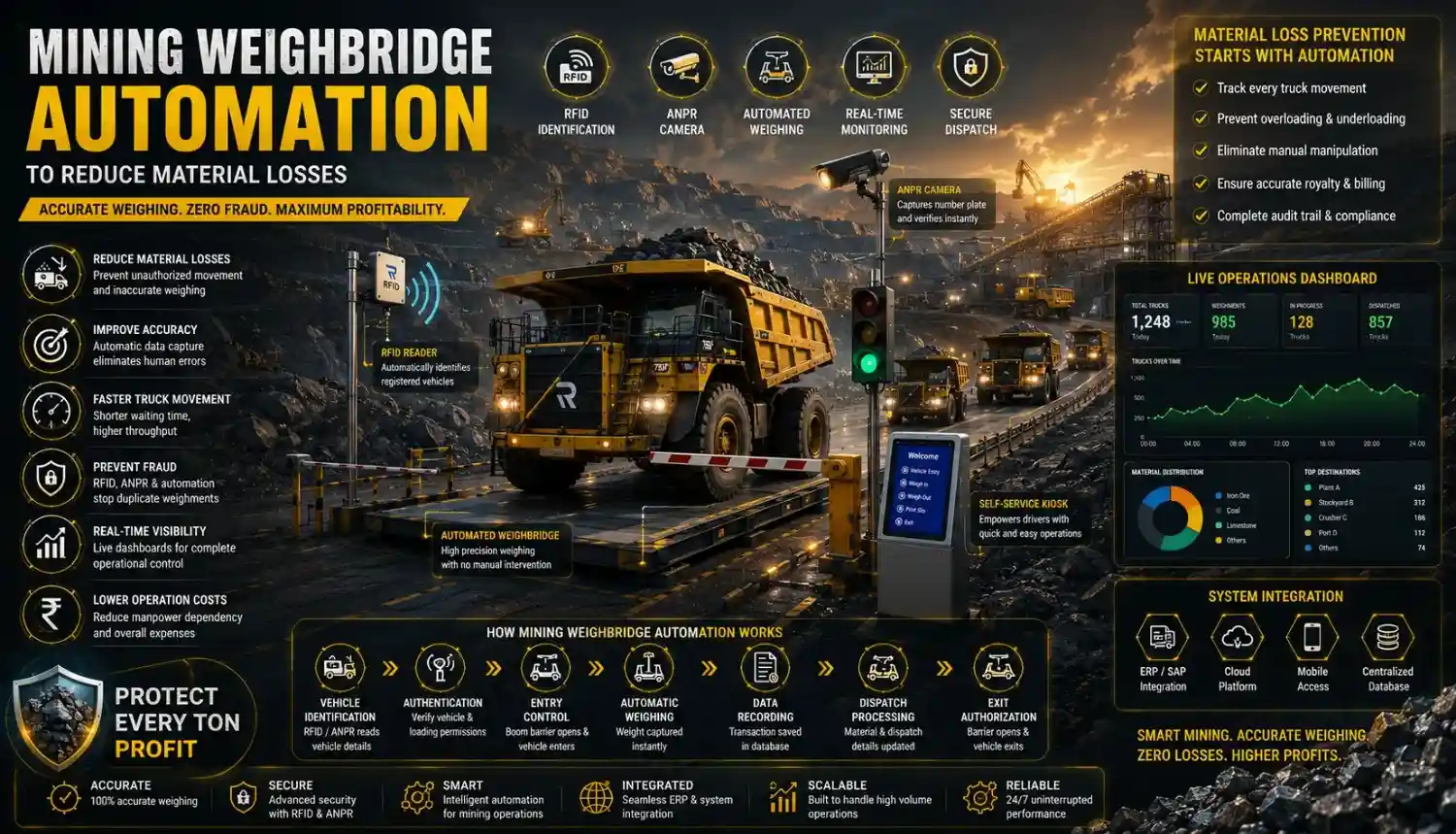 Mining weighbridge automation system with RFID, ANPR cameras, and automated truck weighing for accurate material tracking.
