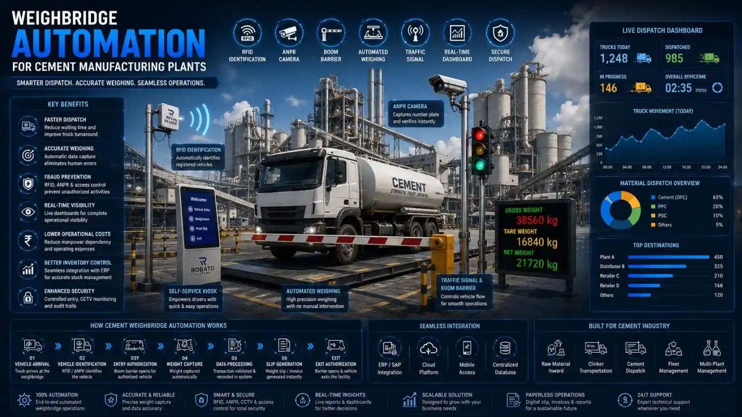 Automated weighbridge system in a cement manufacturing plant with RFID readers, ANPR cameras, and truck dispatch automation.
