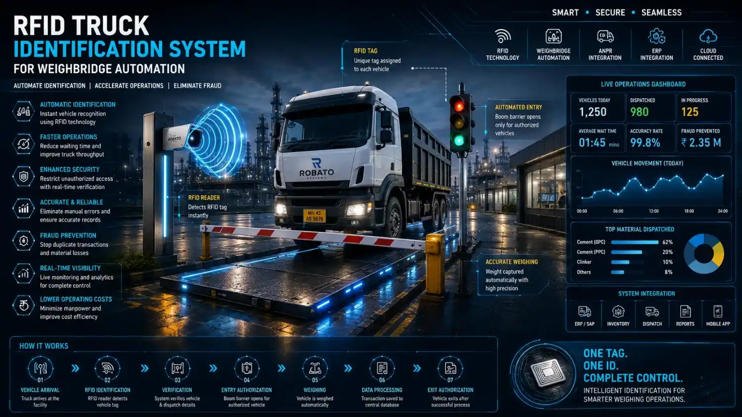 RFID truck identification system integrated with weighbridge automation, RFID readers, boom barriers, and automated vehicle tracking.