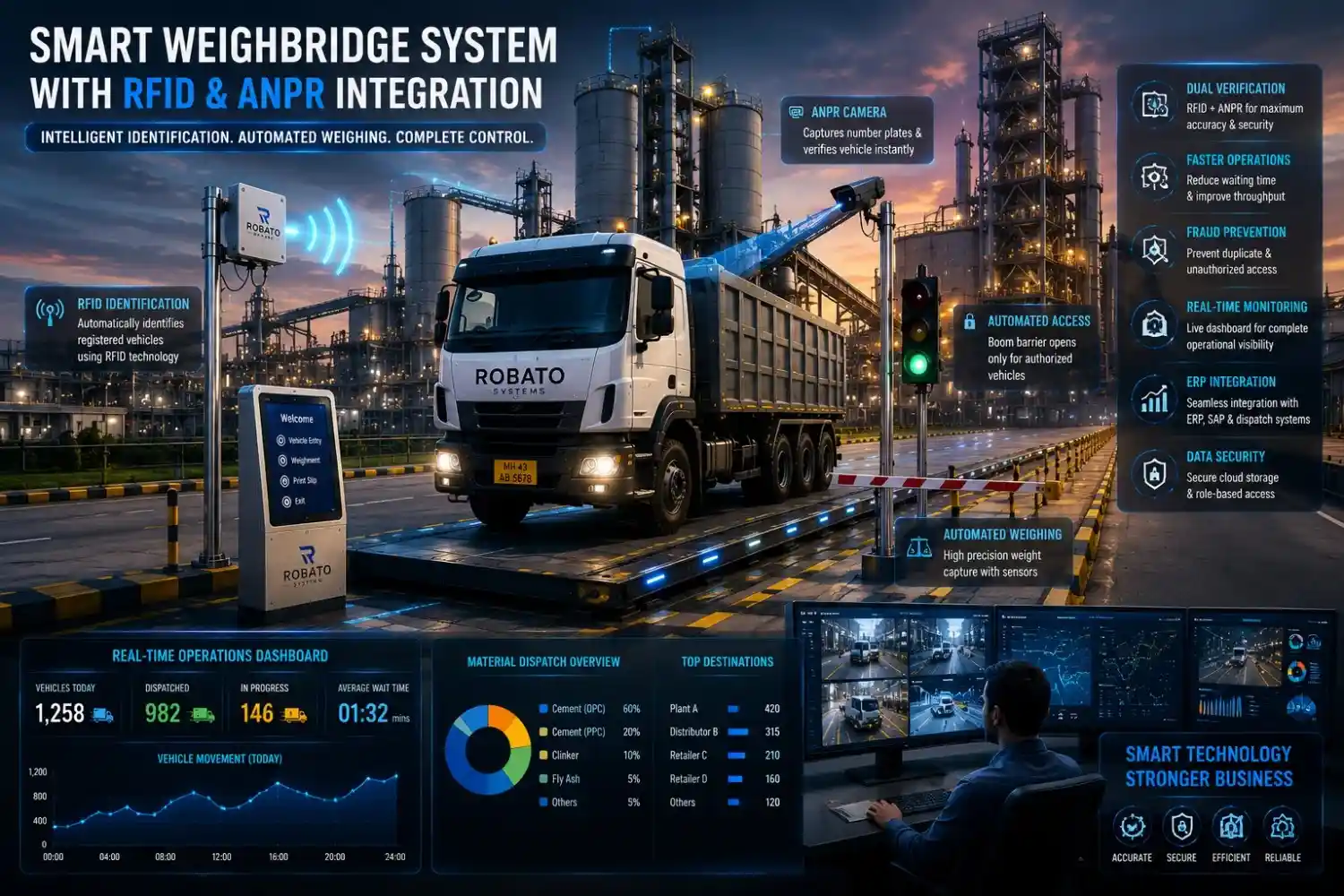 Smart weighbridge system with RFID readers, ANPR cameras, automated boom barriers, and real-time monitoring dashboard for industrial vehicle weighing.
