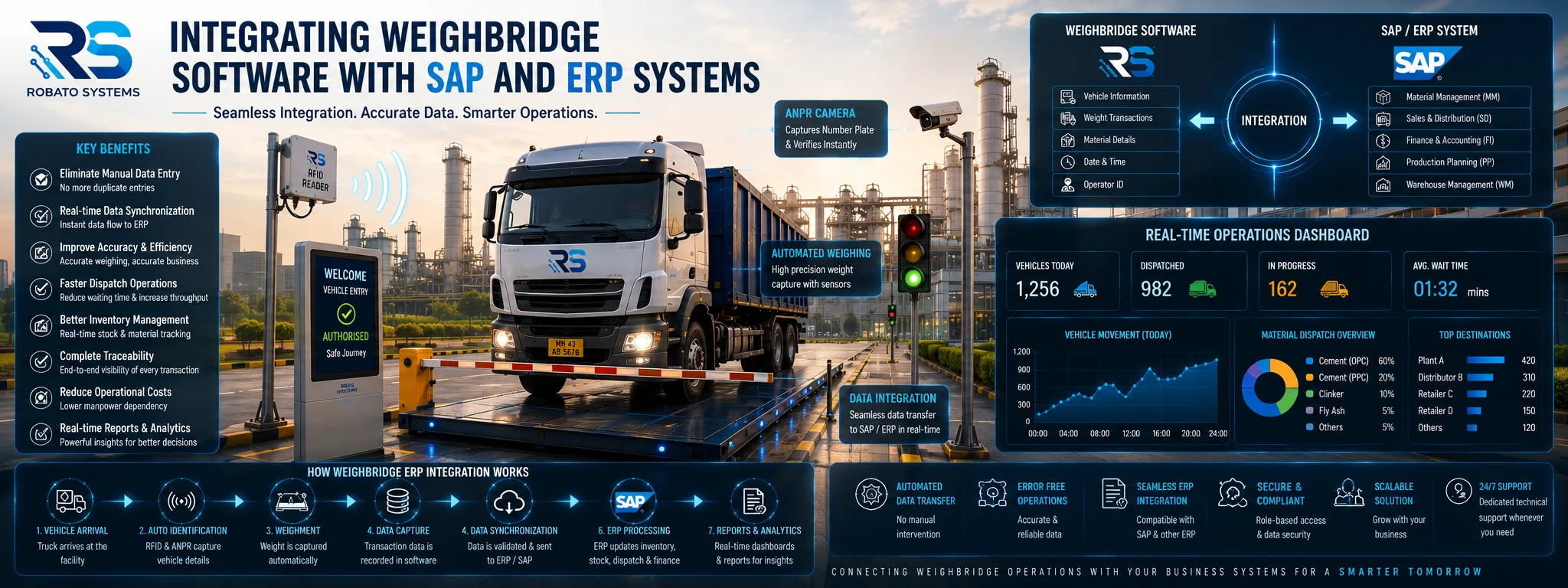 Weighbridge software integrated with SAP ERP system showing automated data transfer, dashboards, and truck weighing operations.