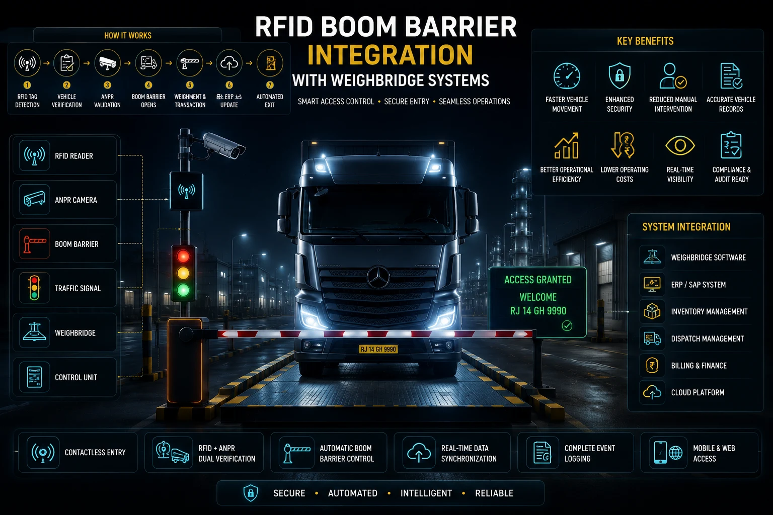 RFID boom barrier integrated with a weighbridge system showing automatic truck identification, ANPR camera, traffic lights, and industrial gate automation.