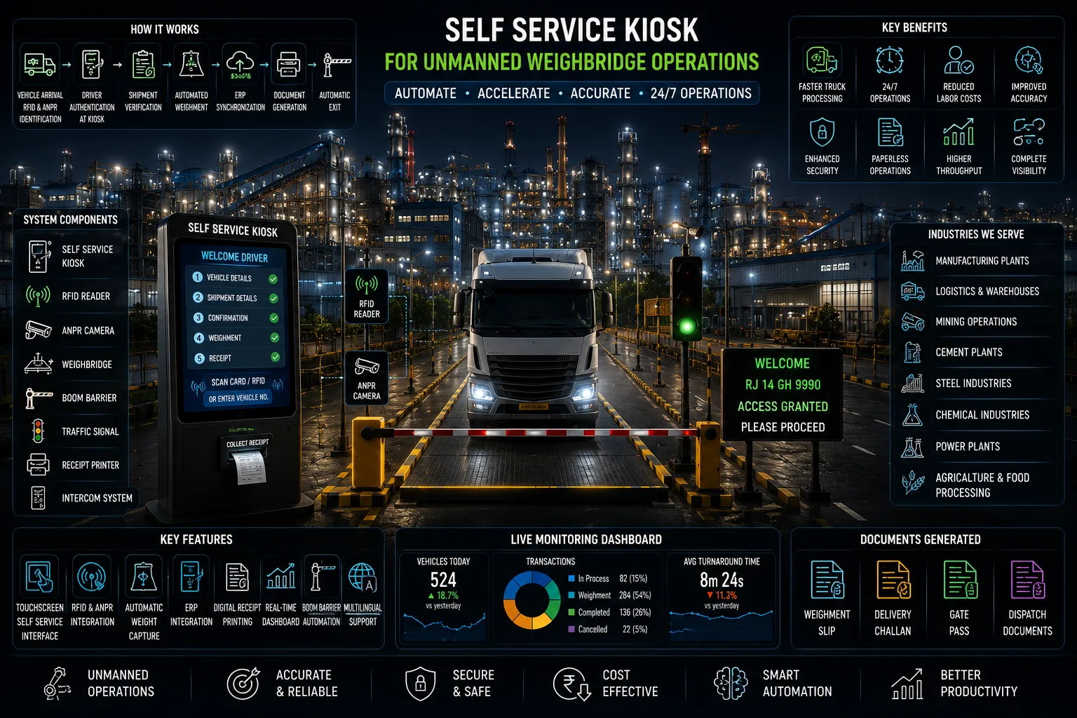 Self-service weighbridge kiosk with touchscreen interface, RFID reader, ANPR camera, automated boom barrier, and truck using an unmanned weighbridge.