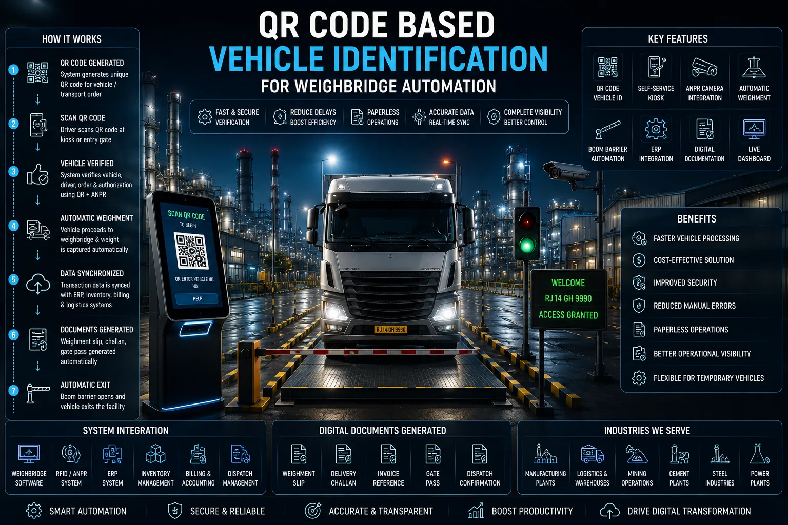 Truck driver scanning a QR code at an automated weighbridge with RFID readers, ANPR cameras, boom barriers, and a digital weighbridge management dashboard.