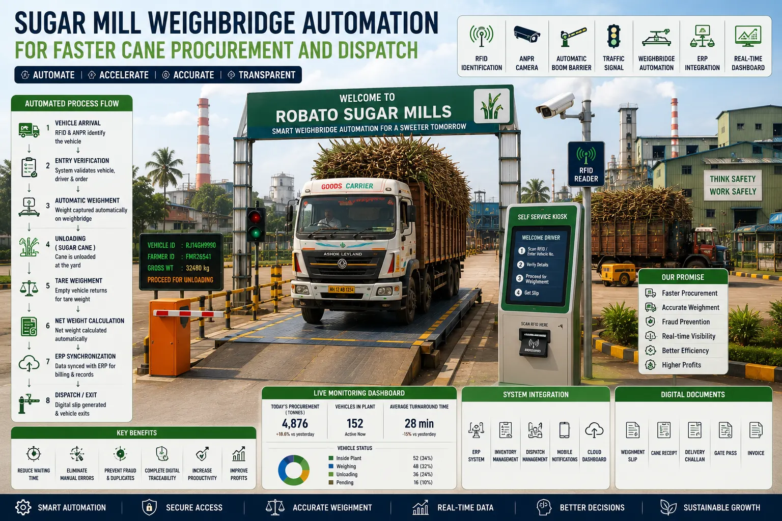Sugar mill weighbridge automation system with RFID truck identification and automated sugar cane vehicle weighing