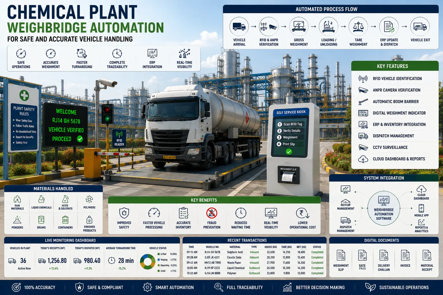 RFID-enabled chemical plant weighbridge automation system weighing chemical tanker trucks with automatic vehicle identification and secure dispatch management.
