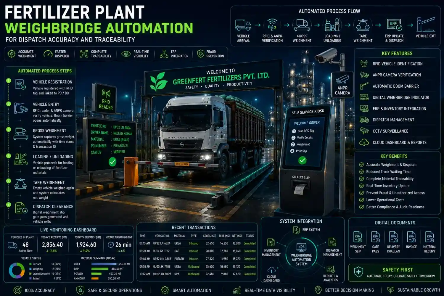 RFID-enabled fertilizer plant weighbridge automation system managing bulk fertilizer trucks with automated weighing, vehicle identification, and dispatch tracking.