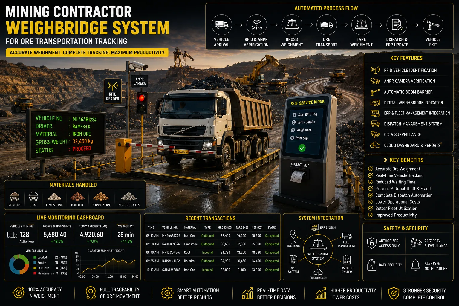 RFID-enabled mining contractor weighbridge system tracking ore transport trucks with automated weighing, vehicle identification, and digital dispatch management.