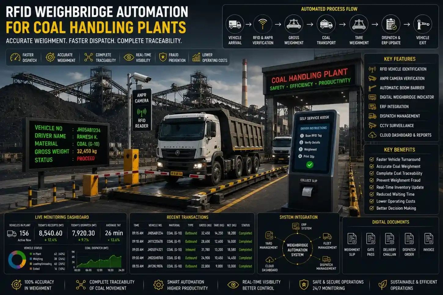 RFID-enabled weighbridge automation system at a coal handling plant managing coal trucks with automated weighing, vehicle identification, and digital dispatch.