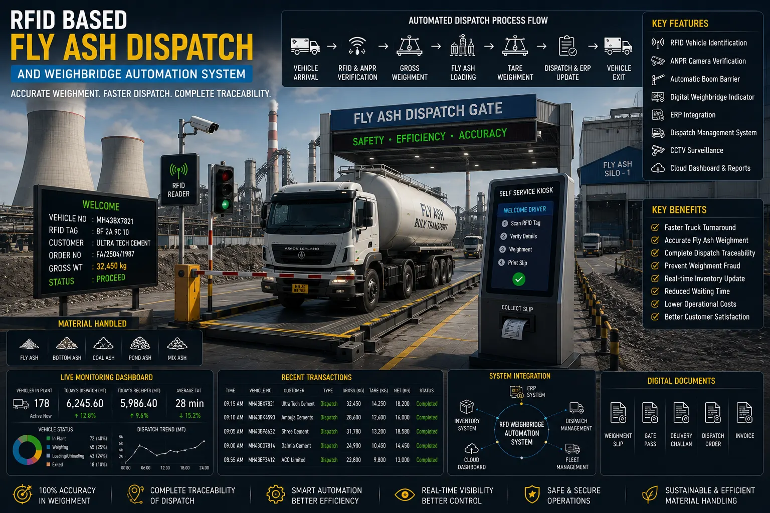 RFID-enabled fly ash dispatch and weighbridge automation system managing bulk fly ash trucks with automated weighing, vehicle identification, and digital dispatch tracking.