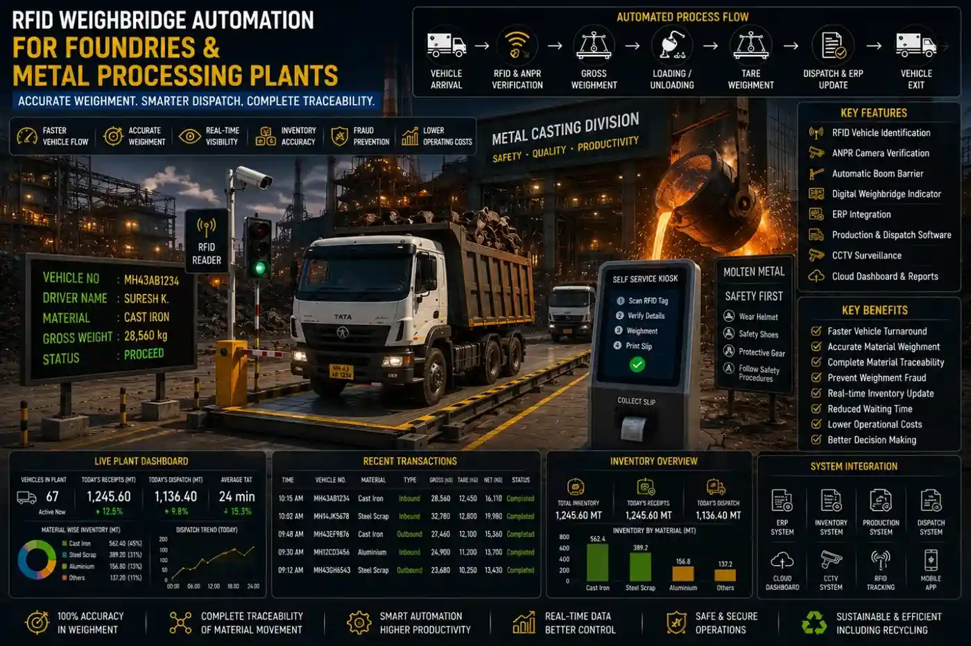 RFID-based weighbridge automation system in a foundry managing metal transport trucks with automated weighing, vehicle identification, and digital dispatch monitoring.