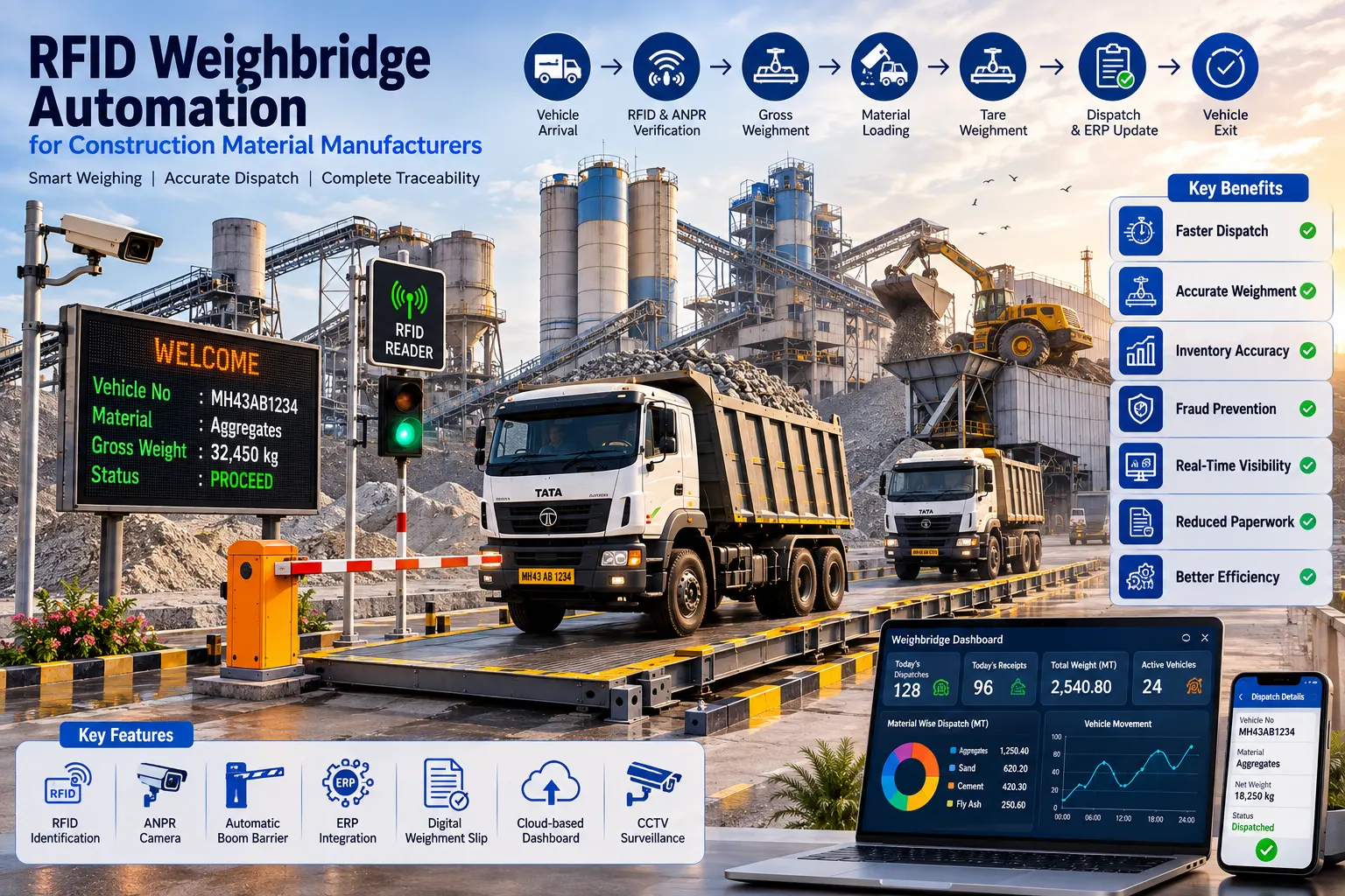 RFID-based weighbridge automation system at a construction material plant managing aggregate trucks with automated weighing, vehicle identification, and digital dispatch.