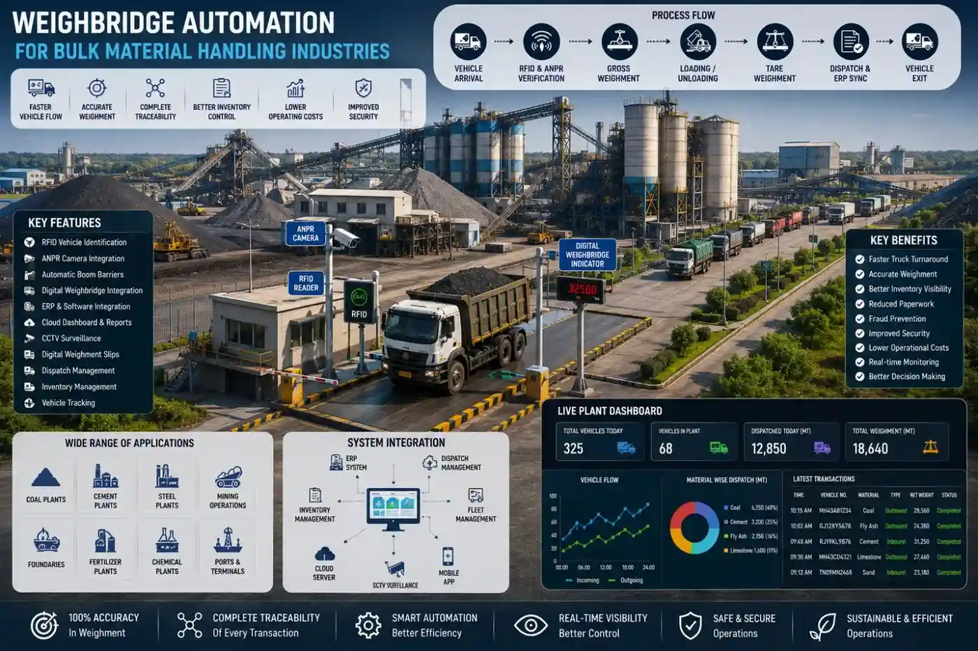 Automated weighbridge system managing trucks in a bulk material handling facility with RFID vehicle identification, digital weighing, and dispatch tracking.