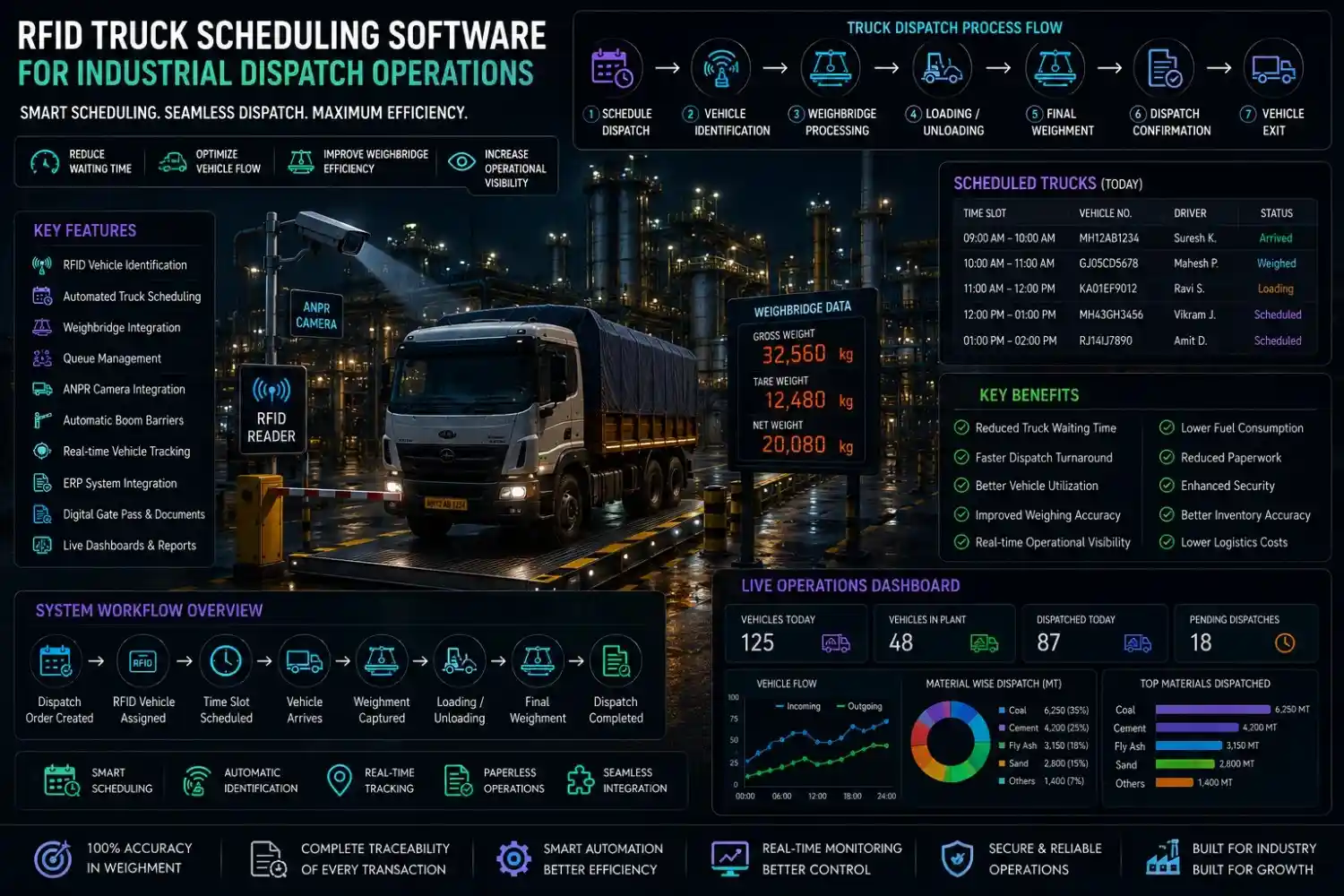 RFID truck scheduling software managing industrial vehicles with automated scheduling, weighbridge integration, vehicle tracking, and dispatch monitoring.