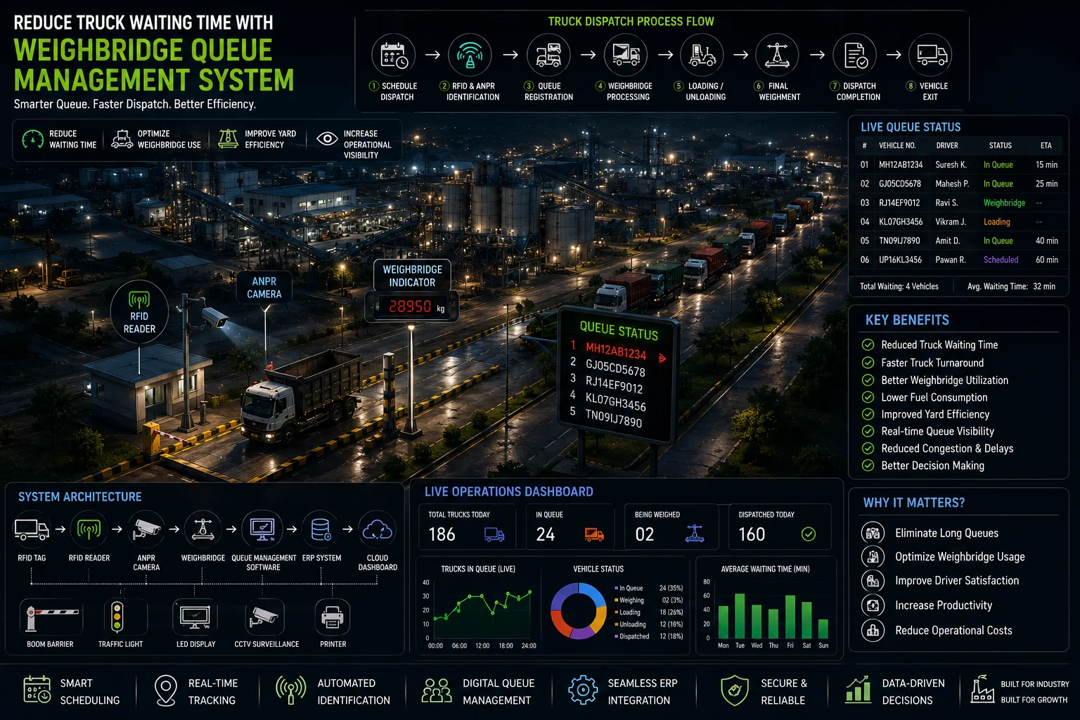 Weighbridge queue management system controlling industrial trucks with RFID vehicle identification, automated scheduling, digital queue monitoring, and dispatch management.