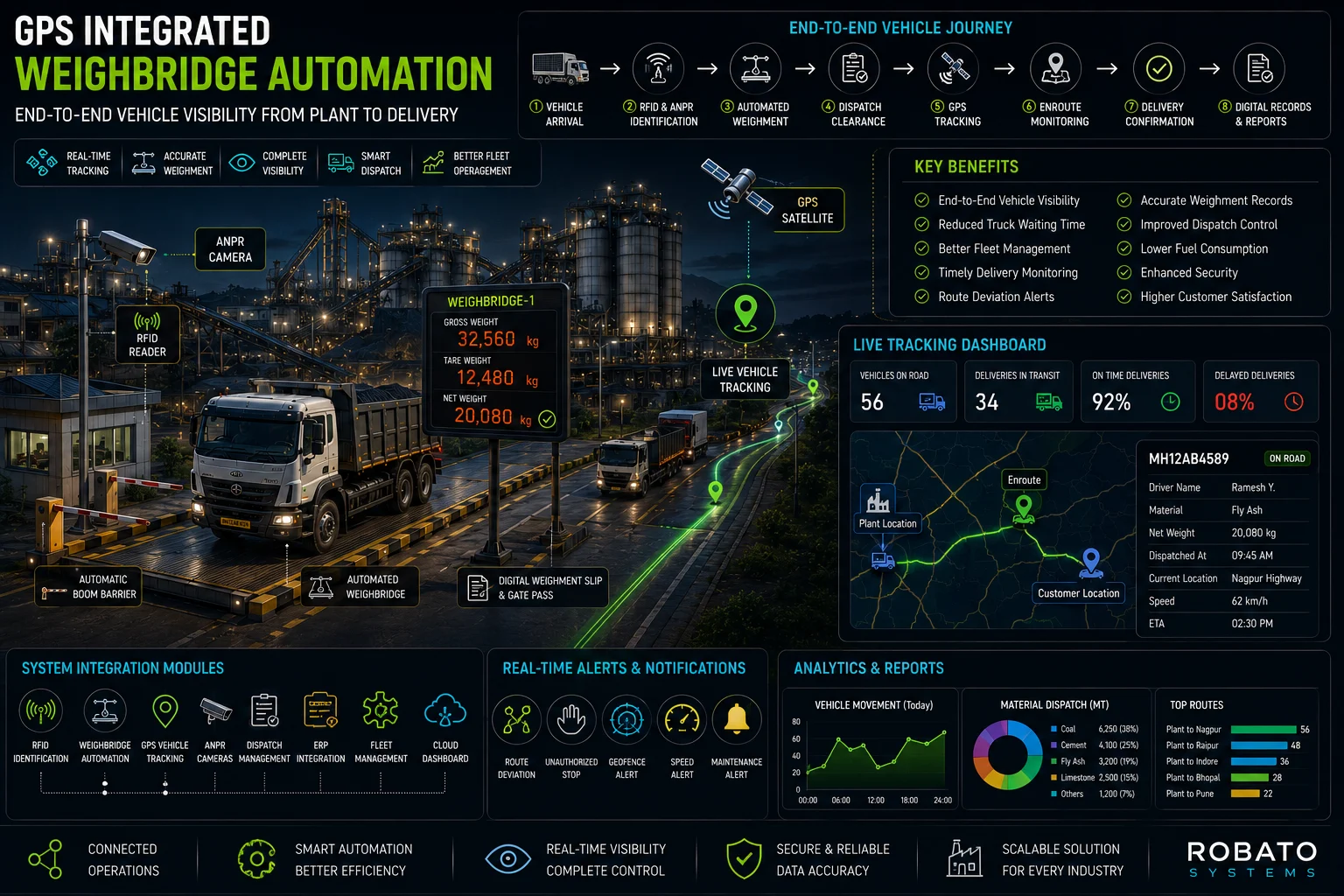 GPS integrated weighbridge automation system tracking industrial trucks with real-time vehicle location, RFID identification, weighing, and dispatch monitoring.