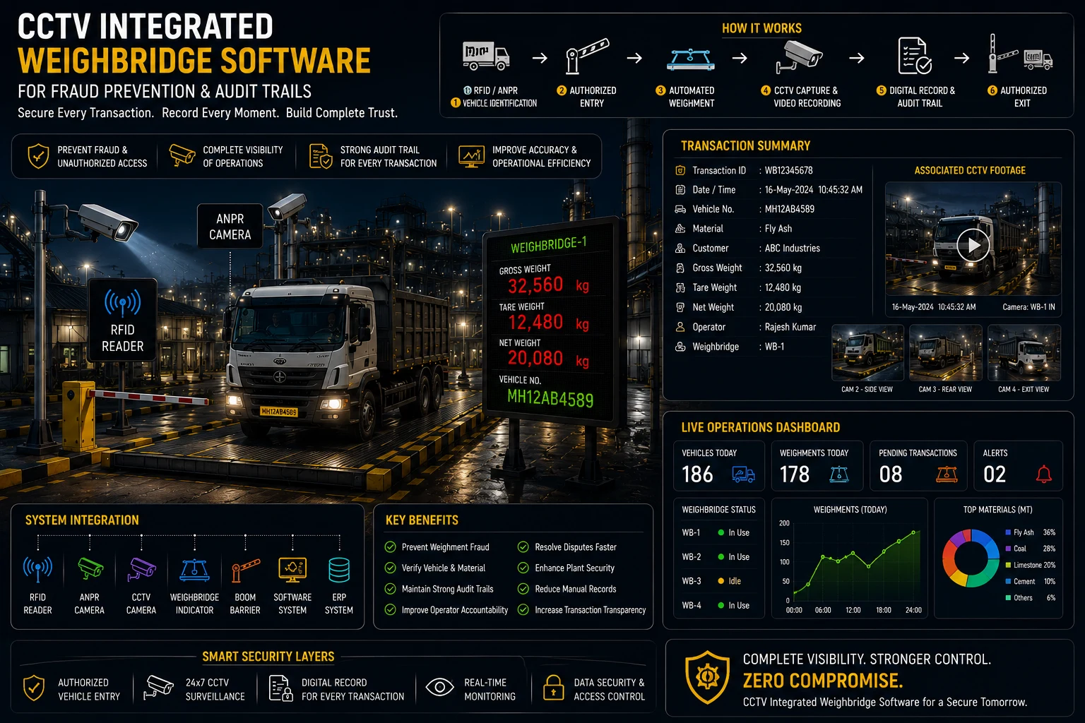 CCTV integrated weighbridge software monitoring trucks with vehicle identification, digital weighing, surveillance cameras, and automated audit records.