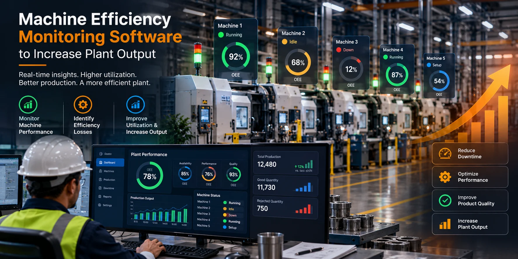Machine efficiency monitoring software dashboard showing real-time production and machine performance