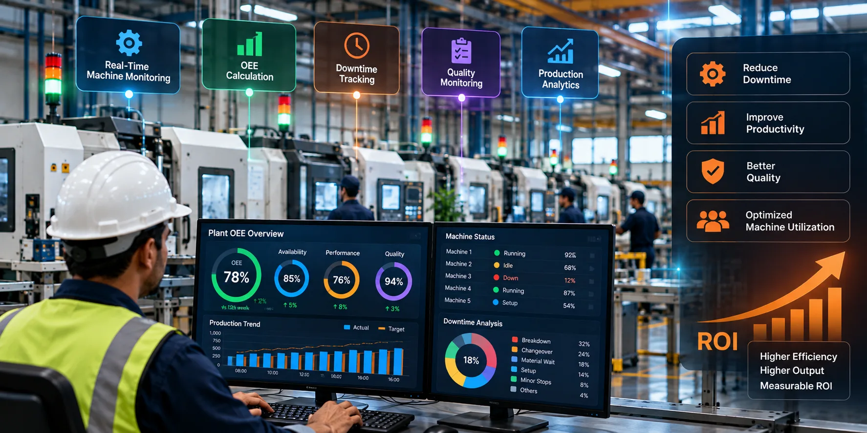 OEE system for manufacturing plant showing machine performance, downtime and production efficiency metrics