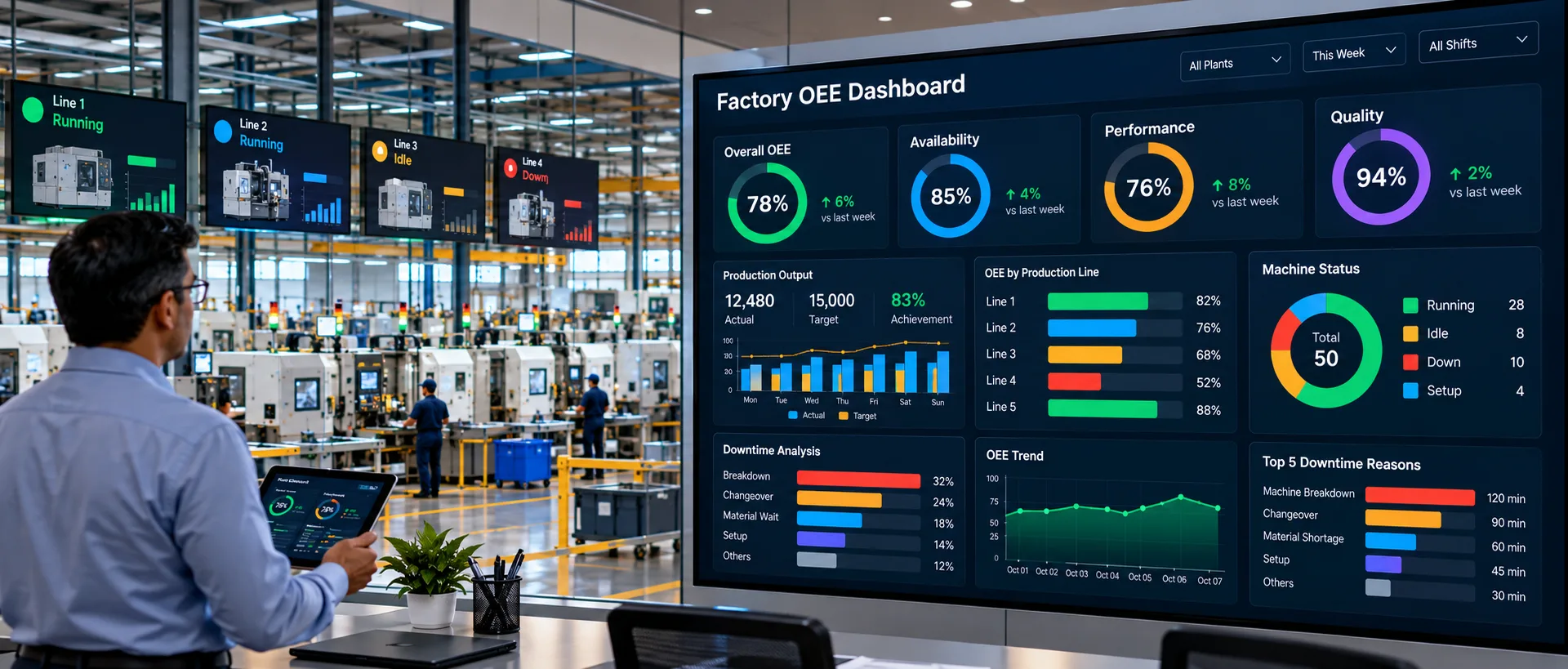 Factory OEE dashboard displaying machine availability, production output, downtime and plant performance KPIs
