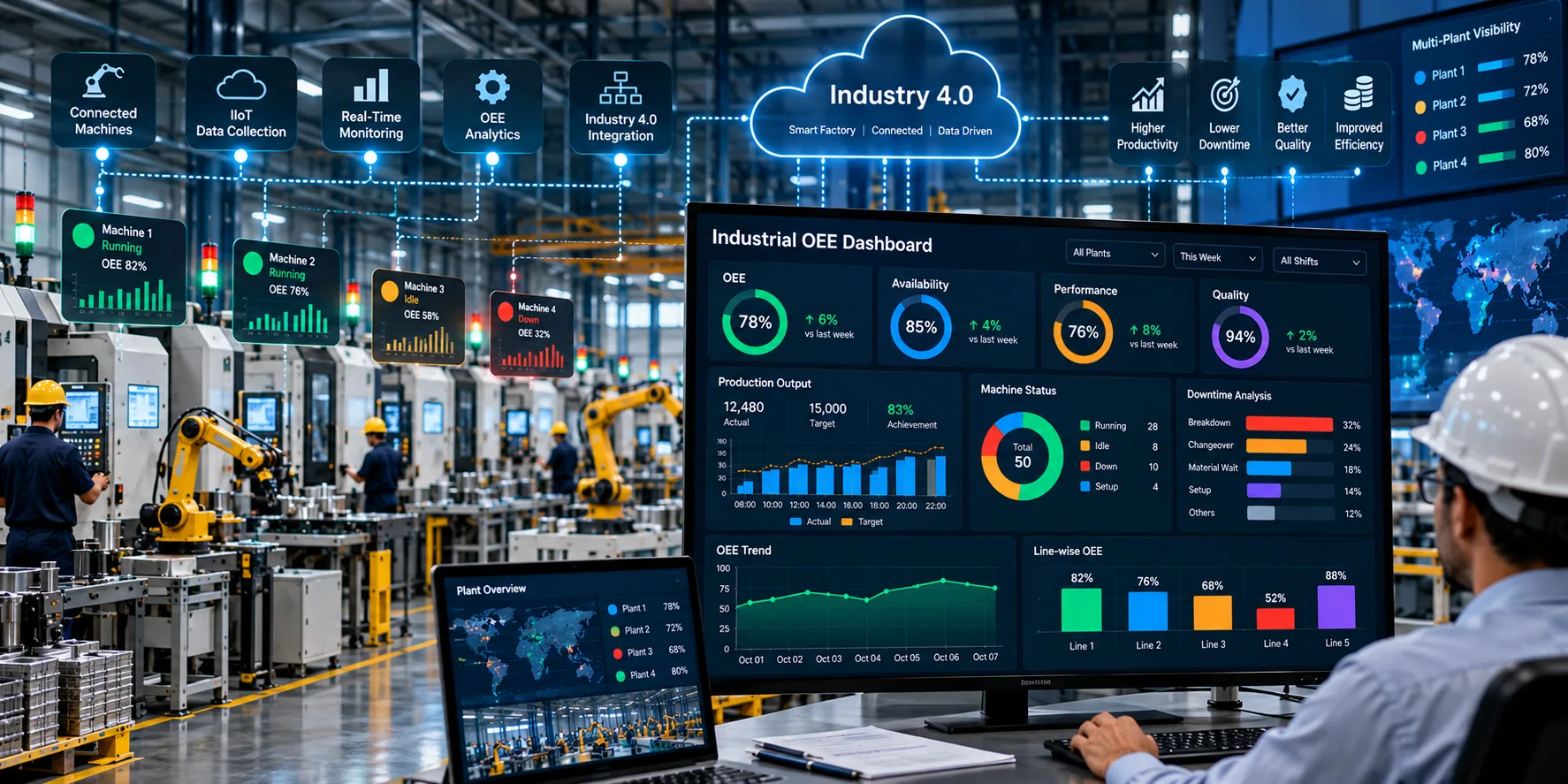 Industrial OEE system dashboard displaying connected machine performance, production efficiency and Industry 4.0 manufacturing metrics