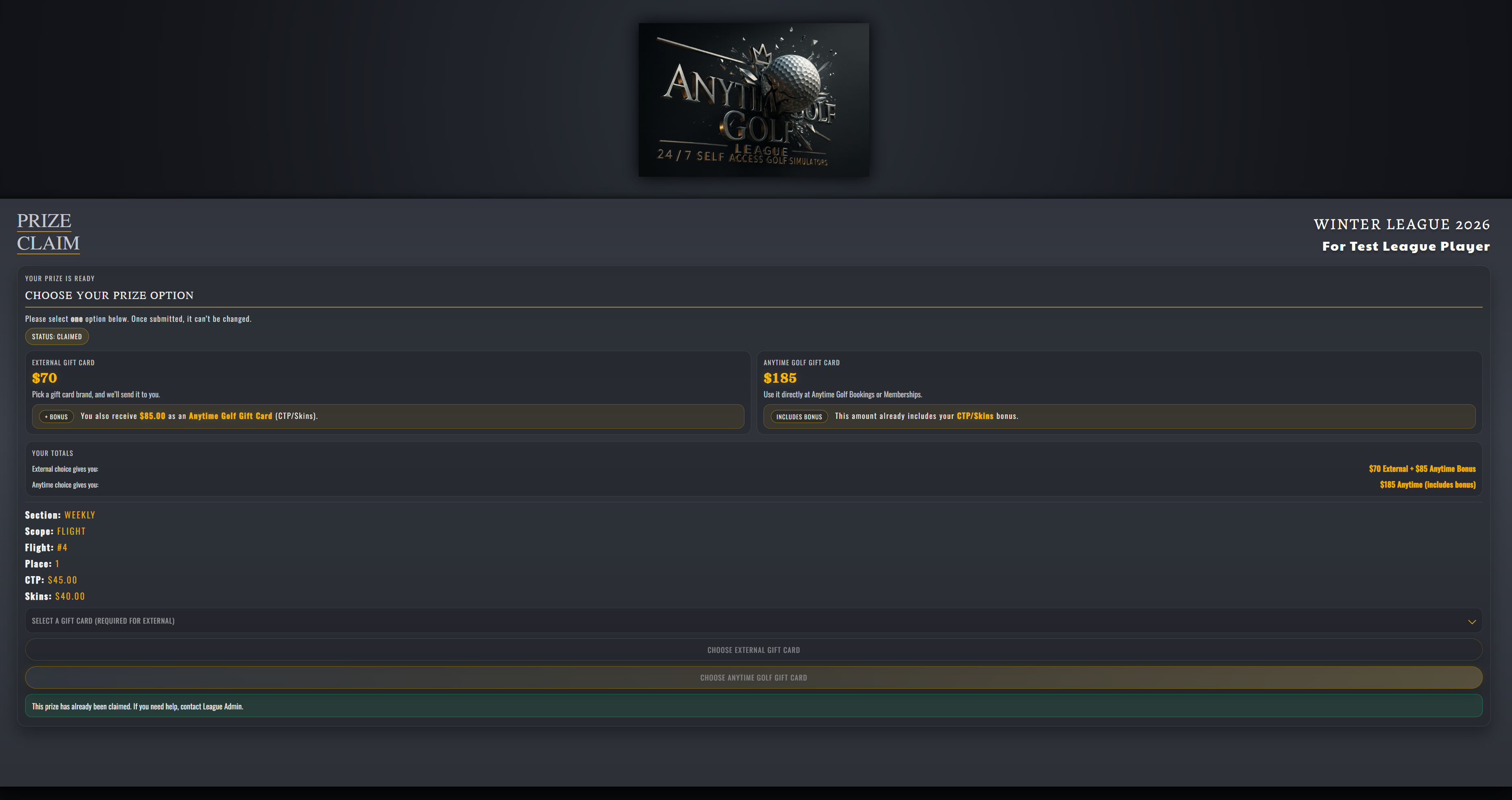 Prize claims screenshot