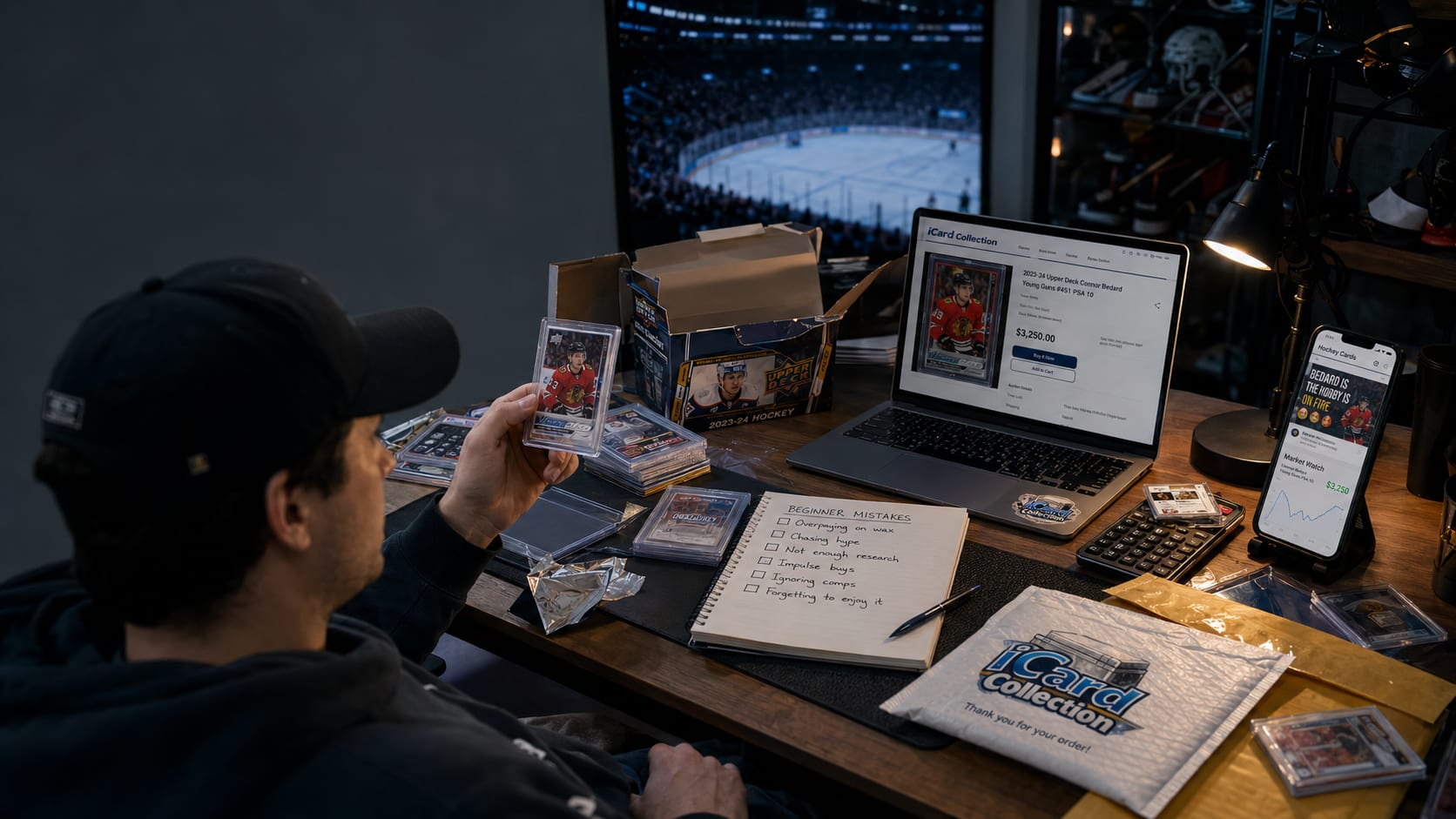 New hockey card collector surrounded by hockey cards, opened hobby boxes, and social media hockey card content representing common beginner mistakes in the hockey card hobby.