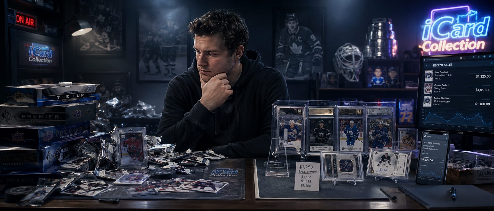 Hockey card collector deciding between opening hockey card boxes and buying hockey card singles while surrounded by hobby boxes, packs, and graded hockey cards.
