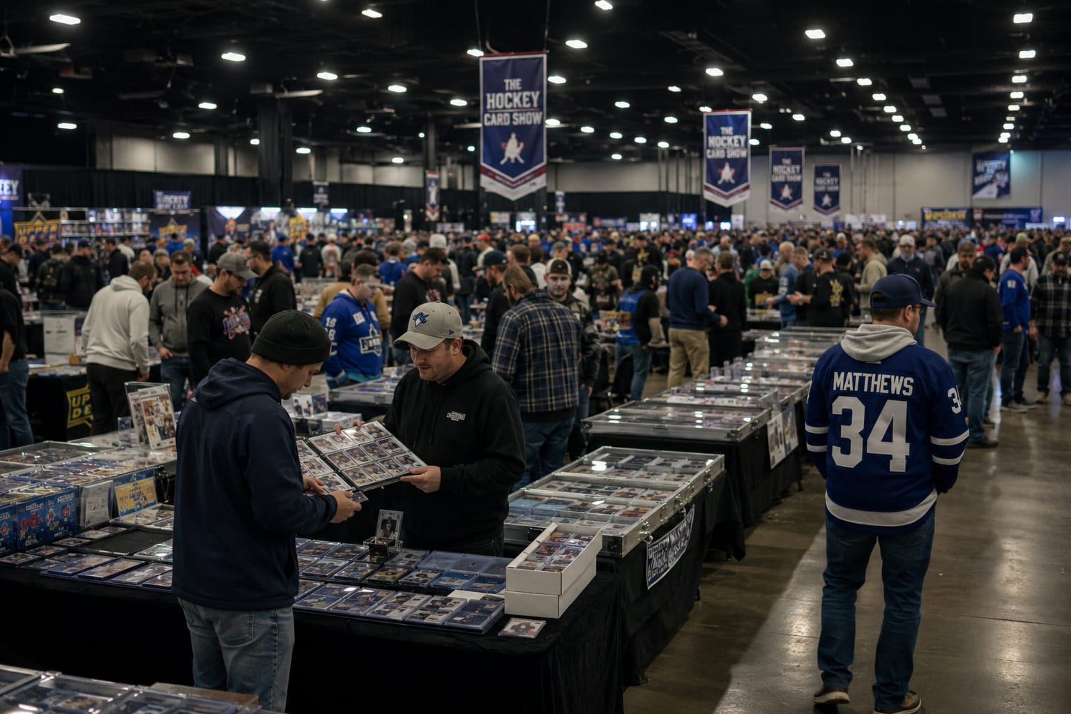 Hockey collectors at a hockey card show trading hockey cards