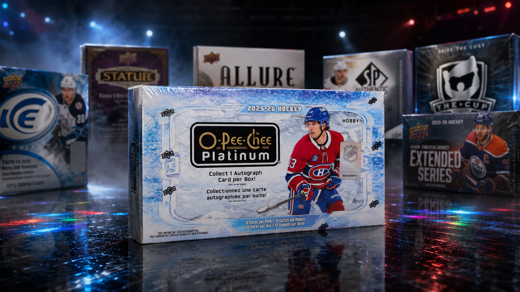 Cinematic hockey card hobby scene featuring a 2025-26 OPC Platinum box surrounded by upcoming releases like ICE, Allure, Stature, SP Authentic, Extended Series, and The Cup.