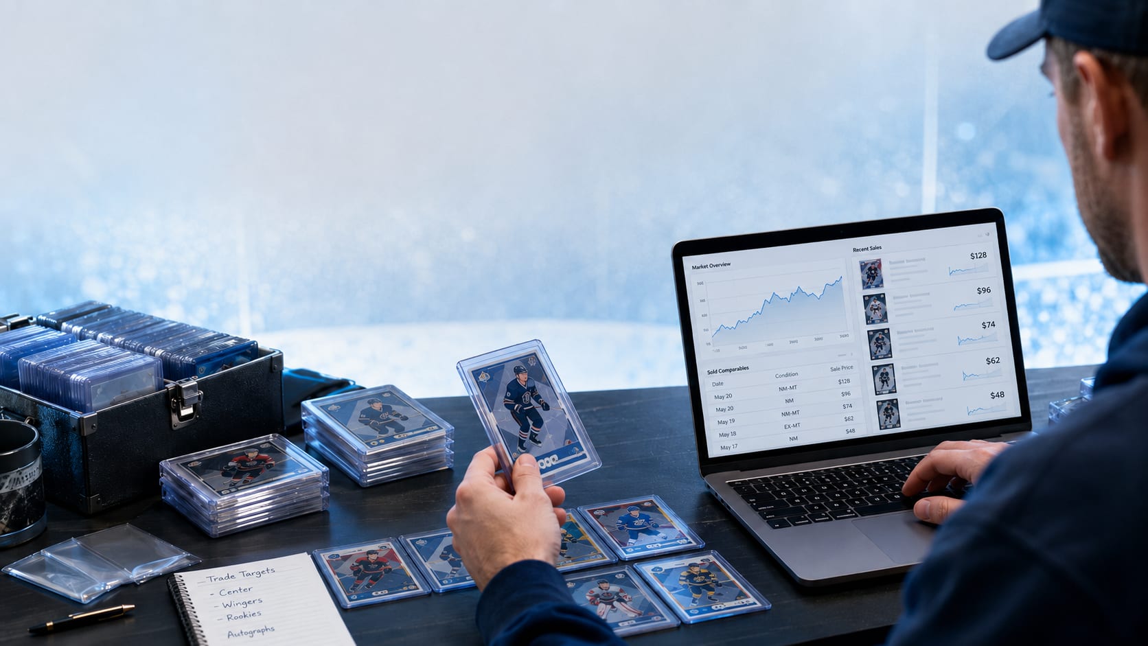 Hockey card collector valuing hockey card collection