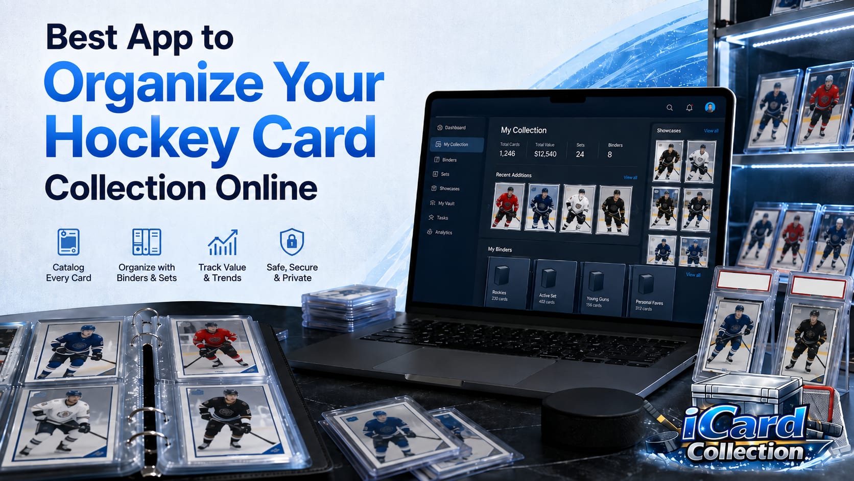 hockey cards with a computer screen displaying a hockey card collection