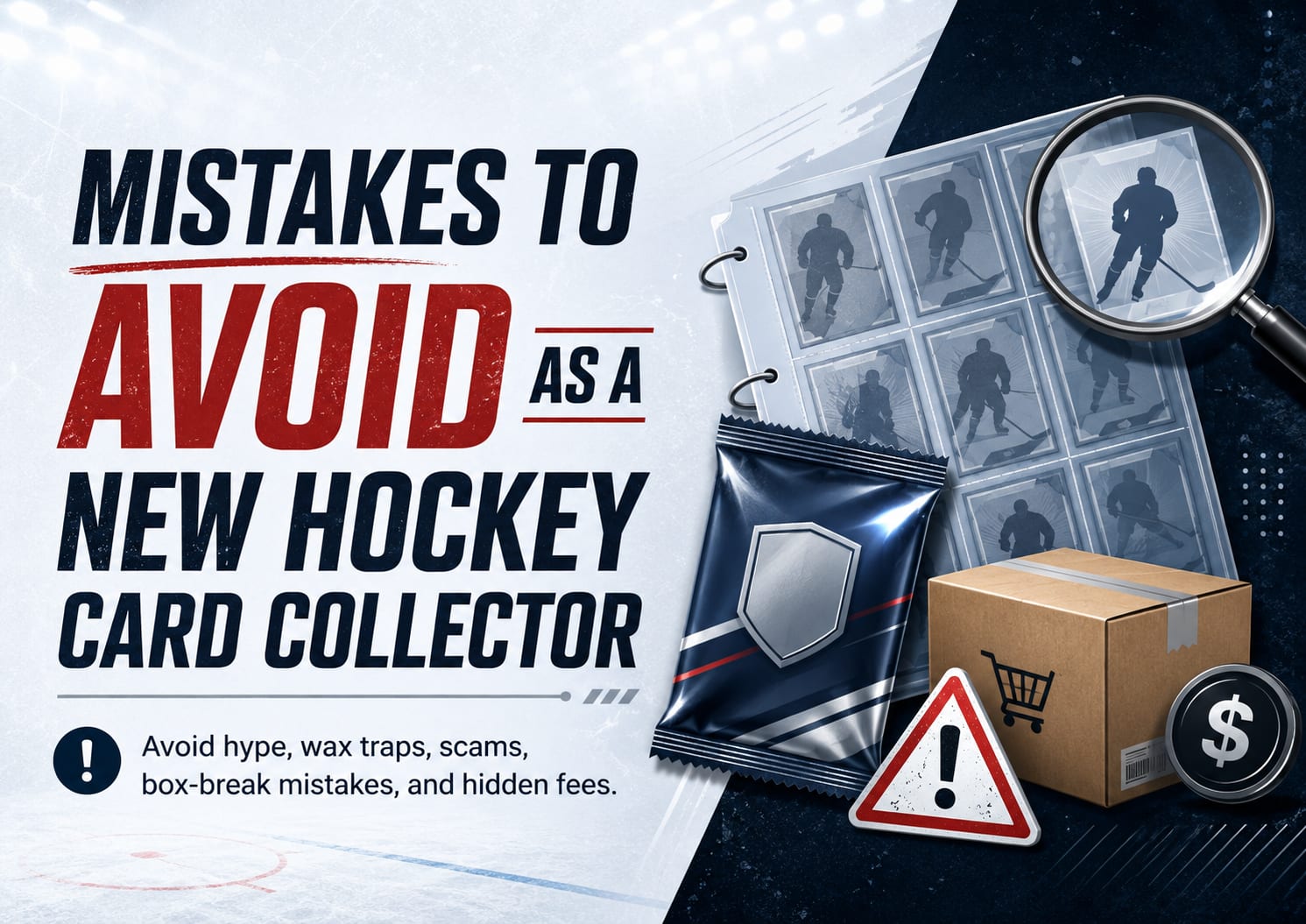 Blog cover image with bold text reading “Mistakes to Avoid as a New Hockey Card Collector,” featuring generic hockey cards, a wax pack, warning symbols, and hobby collecting icons.
