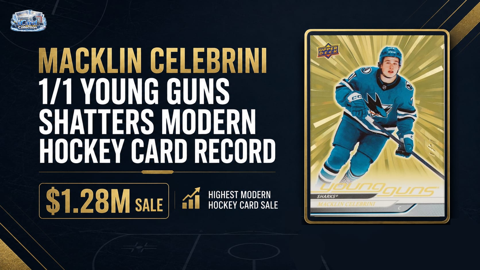 Minimal blog cover image for an article about Macklin Celebrini’s 1/1 Young Guns Gold Outburst sale, featuring a gold card placeholder, $1.28M sale text, and a dark hockey-themed background.