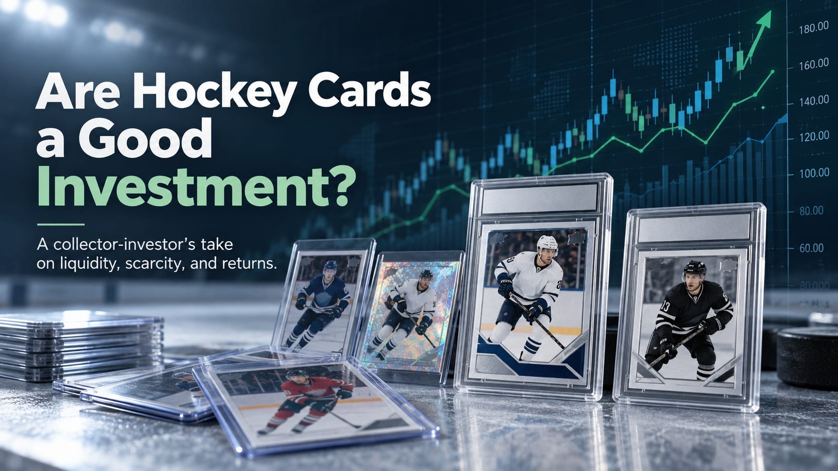 Blog cover image showing hockey cards over a stock market chart backdrop, representing the investment side of collecting, liquidity, scarcity, and returns.