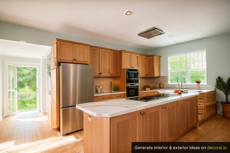 Classical Kitchen with Counter stools,Pantry cabinet,Refrigerator,Stove,Microwave Interior Idea