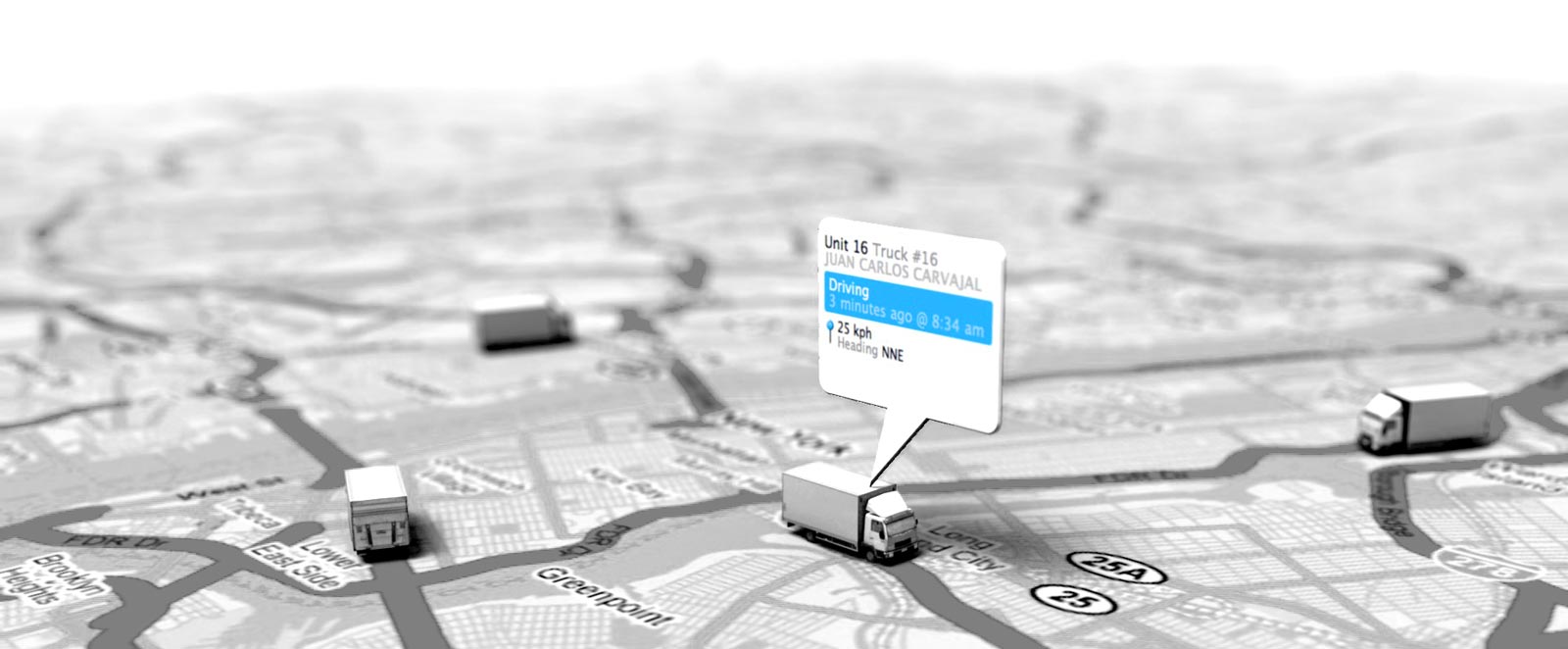 Road map with various model delivery trucks, one with speech bubble showing GPS information