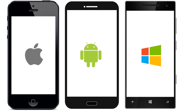 Three mobile devices with logos for Apple, Android and Windows platforms