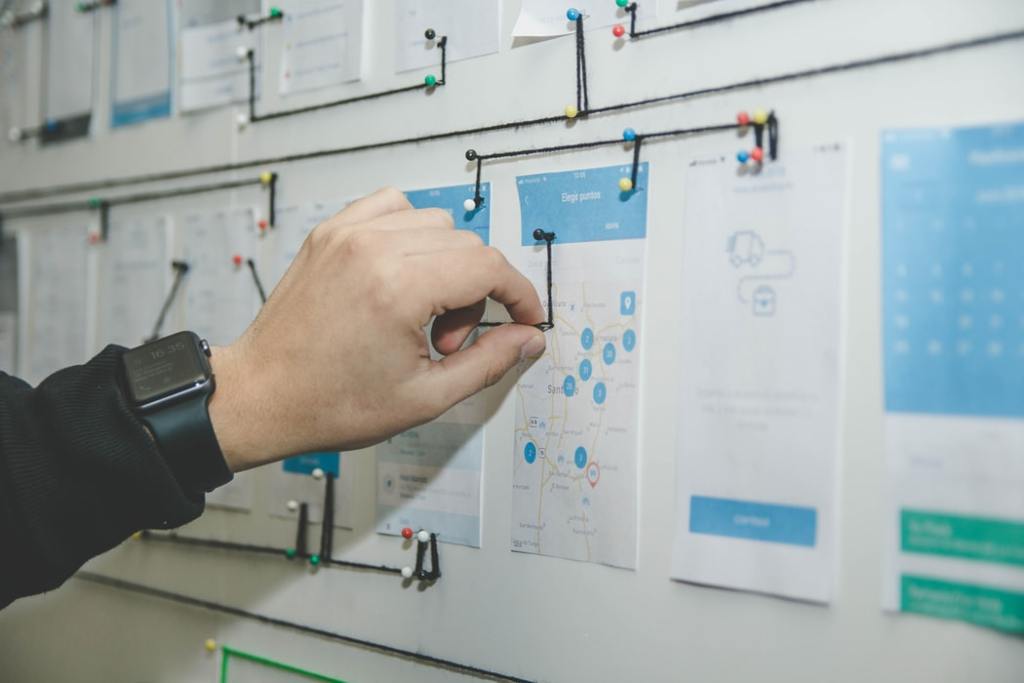 A person mapping out users flows on a whiteboard using string and pins