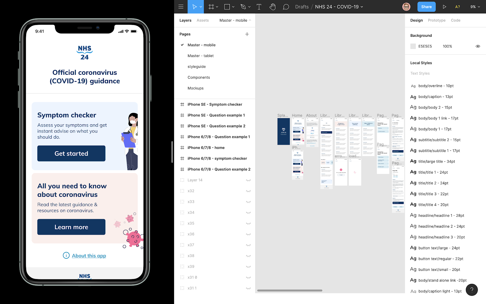 Board showing planning and design of NHS24 app by xDesign