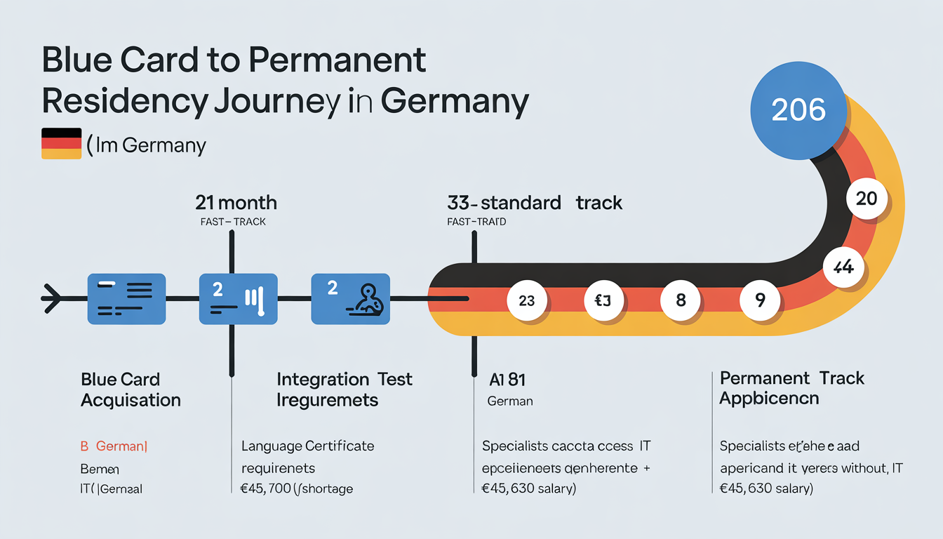 Blue Card to Permanent Residency Timeline Infographic 2026