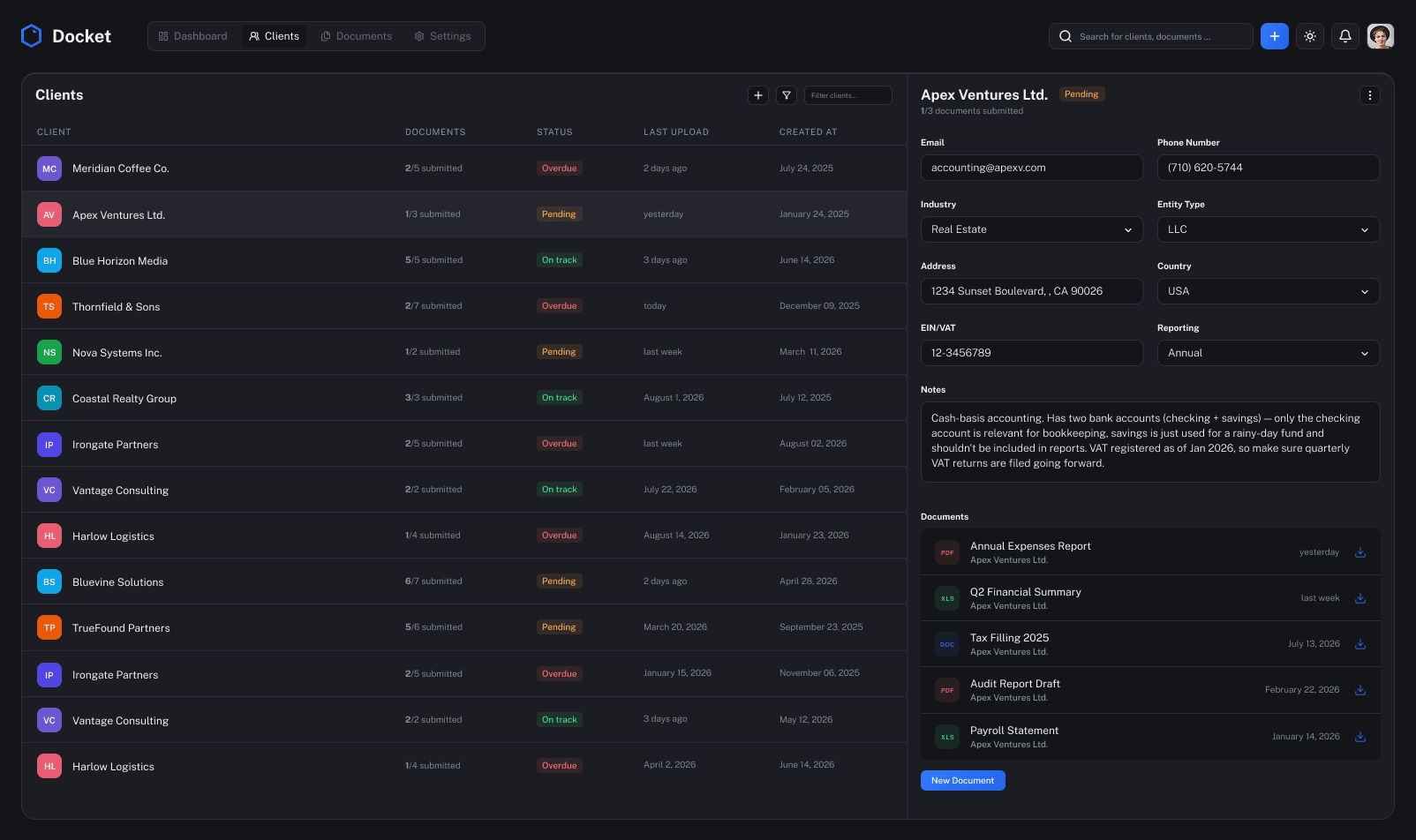 Docket - Clients page (Dark mode)